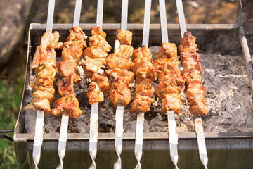 Barbecue on the grill. Marinated meat on skewers, shish kebab, beef steaks on grill during summer time