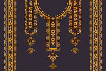 Vector ethnic neckline embroidery geometric pattern with border on black color background. Tribal art fashion for shirts.