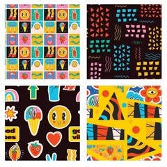 Seamless pattern with crazy comic faces and colorful geometric shapes with outline. Mosaic texture in complementary bright and black colors.