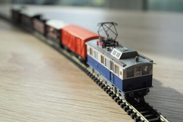Soft focus of an N scale model train engine with pantograph mechanism