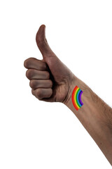 Beautiful and stylized hand of african american person thumbing up with a big tattoo of LGBTQ rainbow of pride over 100% white background