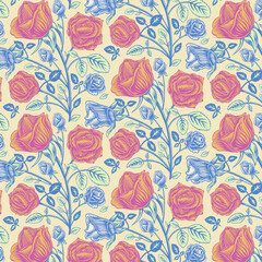 Seamless Vector Pattern with Vertical Repeat of Roses on Light Yellow Background