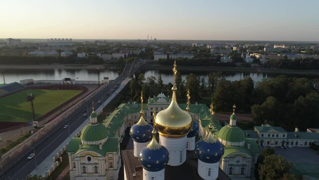 Beautiful cityscape of the city of Tver. Aerial view of Tver Imperial Palace's Chathedral at sunset.