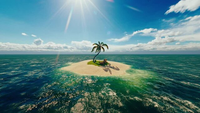 Paradise tropical desert island with palms and a deckchair. Concept of vacation or escape from work and urban life. Professional 4K 3D Animation.