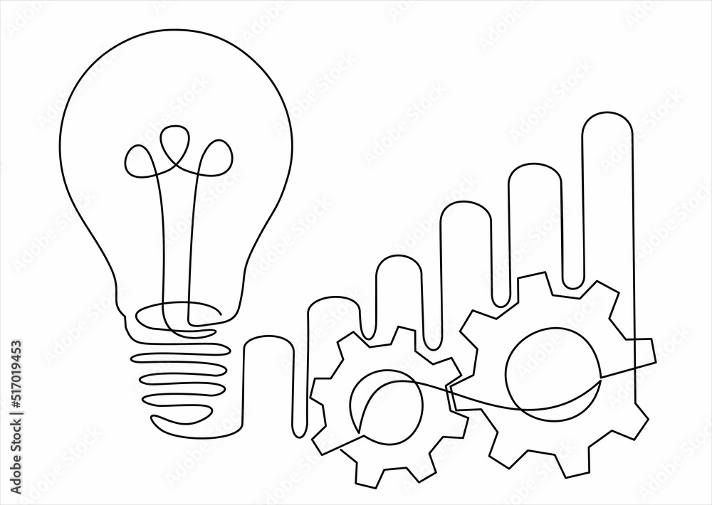 Aufkleber continuous one single line drawing productivity bar chart with gear and lights idea icon vector illu