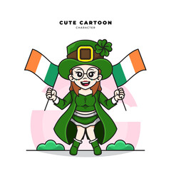 Cute cartoon character of st patrick day leprechaun girl holding ireland flag
