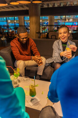 Smiling together in the cafe while sitting