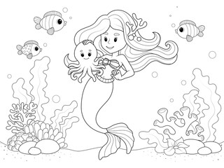 Mermaid on the seabed with sea animals. Raster, page for printable children coloring book.