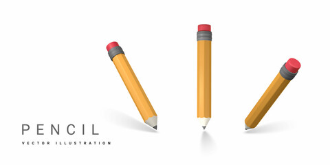 Cute cartoon yellow 3d pencil. Wooden pencil for writing and drawing. Vector illustration