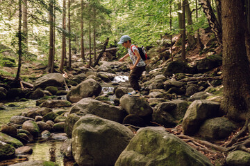 Kid investigates nature in forest