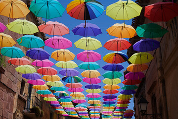 Colourful umbrellas hanging over a picturesque street in the city