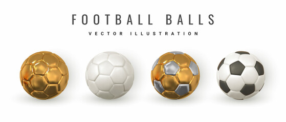 Set of 3d realistic Soccer balls. Golden and white black color Football balls. Vector illustration