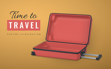 Time to travel promo banner design. 3D travel trolley bag. Realistic open plastic suitcase. Tourism symbol isolated on white background. Vector illustration