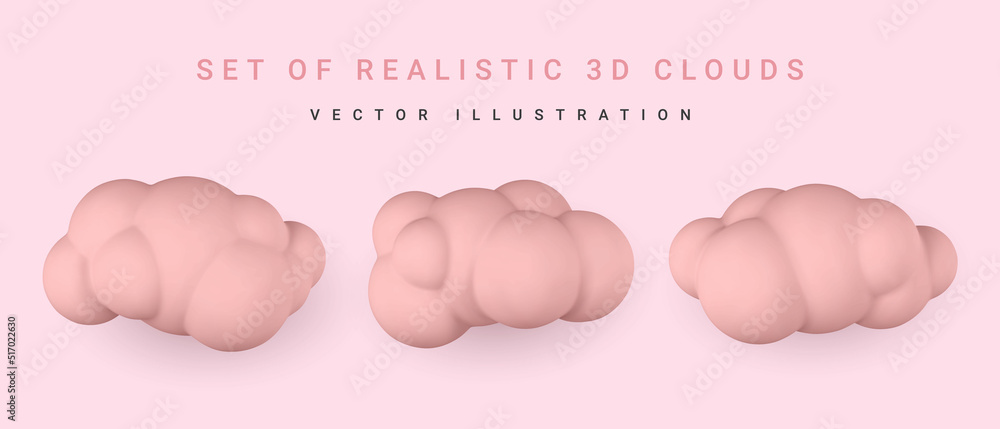 Wall mural 3d red clouds. set of round cartoon fluffy clouds isolated on a light red background. vector illustr