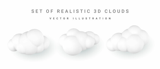 3d white clouds. Set of round cartoon fluffy clouds isolated on a white background. Vector illustration