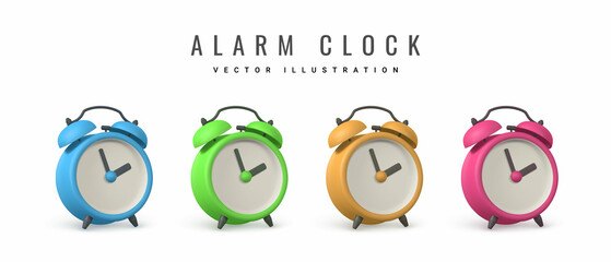 Cute cartoon alarm clock. 3d realistic table clock with shaddow. Vector illustration