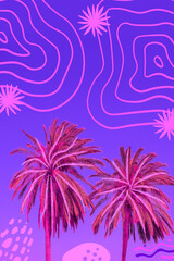 Fototapeta na wymiar Contemporary digital collage art. Palm, purple tropical location and geometry mix. Fashion zine design