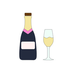 Champagne bottle and glass icon On white background. Flat design. Vector illustration