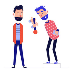 man hands a colleague a microphone