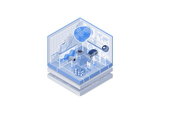 Artificial Intelligence AI concept. Isometric vector illustration of digital brain representing a deep neural network. Blue and white web banner. 