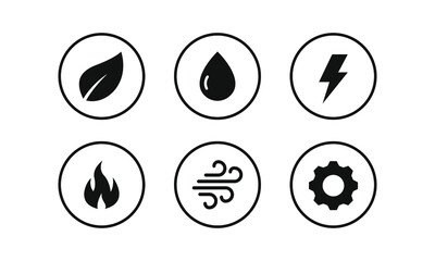 Energy source. Water, electricity, fire, wind, machine, and nature icon set isolated on white background. Vector illustration