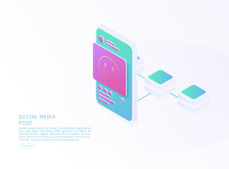 Smartphone with social media post in isometric vector illustration. Vector Illustration. 