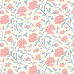 Seamless Vector Pattern with Pink Roses on Light Beige Background