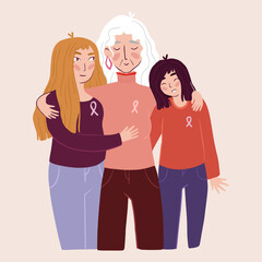 Breast cancer awareness month  women group, grandmother, mother and daughter with pink support ribbon concept, cartoon character for disease prevention campaign, flat vector illustration