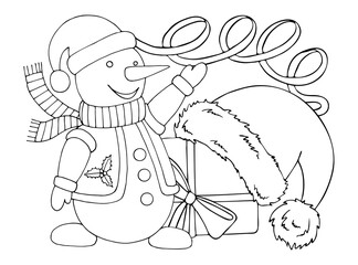 Coloring book Christmas snowman line art. Cute winter character, gift, santa hat. Hand drawn vector black and white illustration.