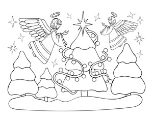 Coloring book angel Christmas fir line art. Star of Bethlehem on spruce tree. Angels decorate garland. Hand drawn vector black and white illustration.