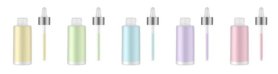 Set of serum bottles with pipette. Dropper. Glass container. Yellow, green, blue, purple and pink transparent liquid. Serum, essence or perfume. Vape e-liquid
