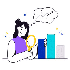 woman with a magnifying glass analyzes a graph