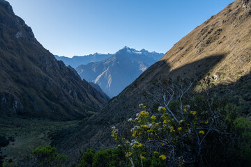 Hiking in the cloud forests and green valleys of the Inca Trail on the way to Machu Picchu in Peru