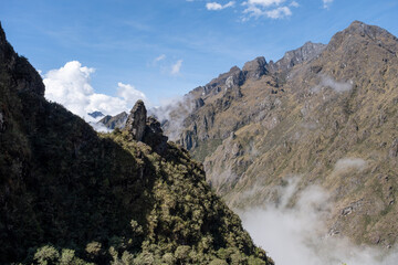 Hiking in the cloud forests and green valleys of the Inca Trail on the way to Machu Picchu in Peru