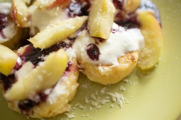 homemade food, dessert with cottage cheese and fruits. Food at home, weight loss dish, fruit syrniki