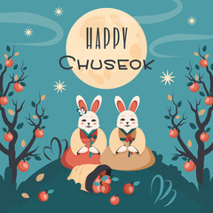 Happy Chuseok. Chinese Mid-Autumn Festival. Korean colorful greeting card for celebrations in Asia. Cute bunny, moon, tree, stars, text template. Vector  cartoon illustration