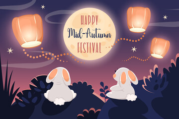 Happy Mid-Autumn Festival. Cute rabbits looking at moon and Chinese lanterns. Greeting card with text for mooncake festival, Chinese, Korean, Asian  traditional holiday. Vector cartoon illustration.