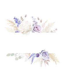 Modern beige and violet trendy vector design frame. Pastel dried pampas grass, magnolia, white peony, ranunculus