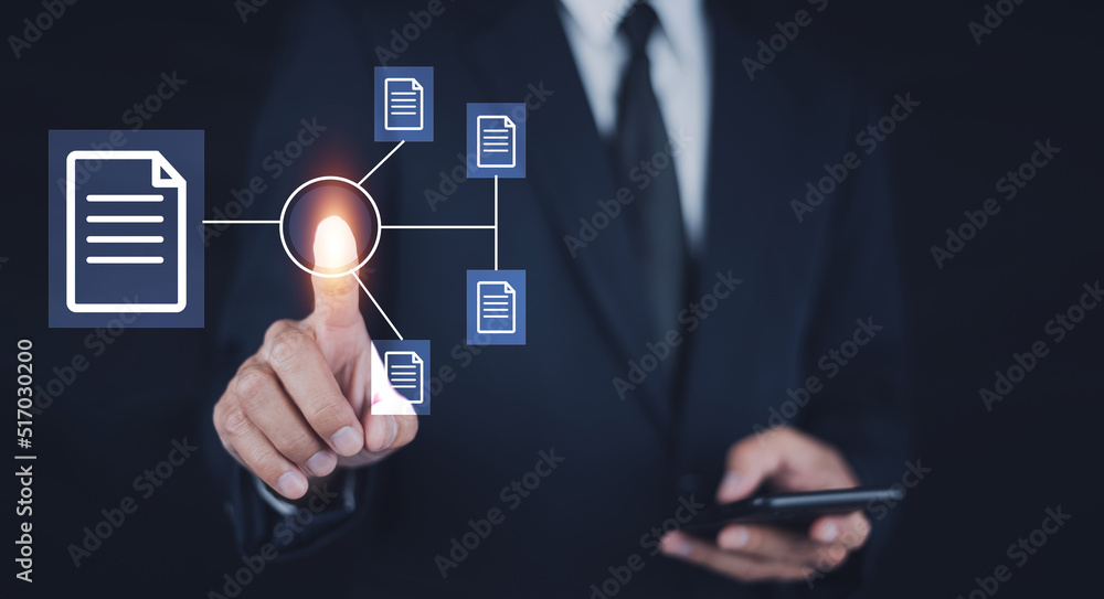 Poster businessman touch on cybersecurity of network of connected devices and personal data security
