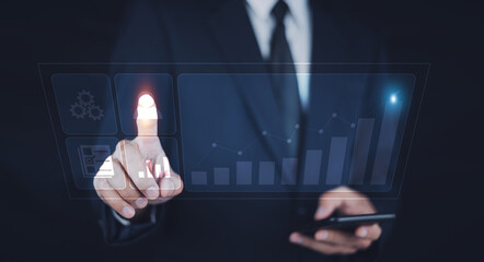 Businessman trader touch virtual hologram stock market and investment trading online