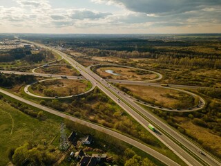 Bird's eye view of clover leaf transport intersection in Kaunas, Lithuania