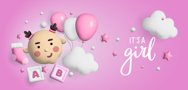 Baby shower 3d space. Banner poster on Baby shower in render style. Lettering it's a boy. Vector  in 3 d style.