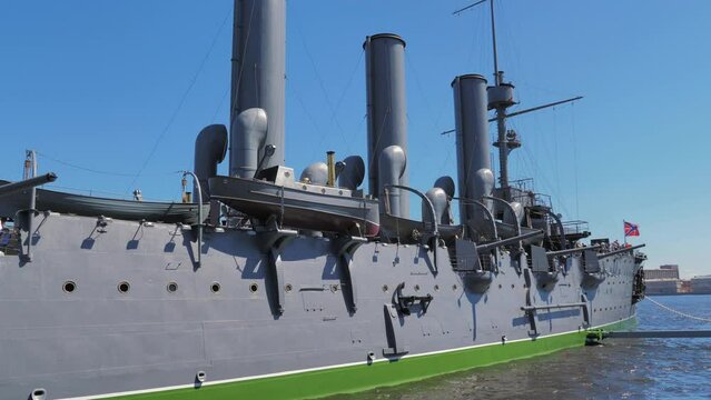 The cruiser Aurora on a sunny summer day. Famous cruiser museum on the Neva river
