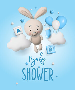 Baby shower 3d space. Banner poster on Baby shower in render style. Lettering baby. Vector illustration in 3 d style.