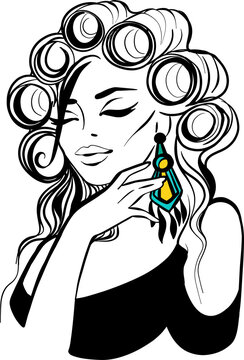 Portrait of pretty girl with curler. Stylish beautiful model for fashion design. Fashionable graphic illustration 