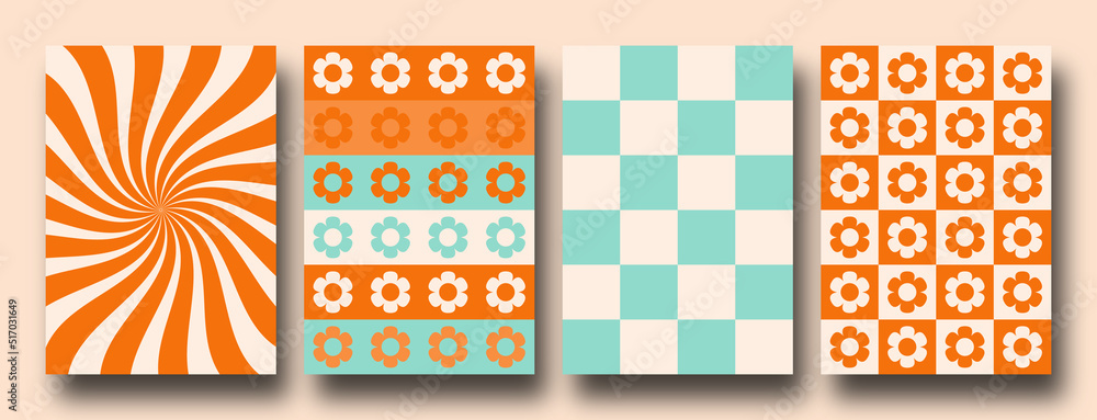 Wall mural vector set of groovy hippie 70s backgrounds. checkerboard, chessboard, mesh, waves patterns. twisted