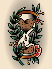 Old school tattoo inspired graphic design hourglass with sand
