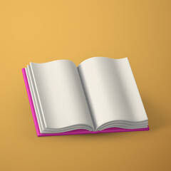Cute cartoon open book. Realistic 3d book with shaddow on yellow background. Vector illustration