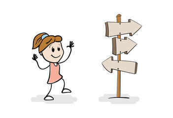 Smilling girl stand in front of a choice. Each arrow has its own direction and points to the right path. Woman standing on crossroad looking for right way forward. Concept of success and career.