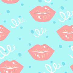 Vector cute seamless pattern with female pink lips kiss on a light blue background. Print for clothes, wrapping paper, wallpaper